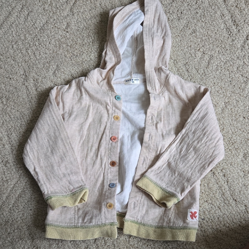 Kids Beige Boutique Hooded Cardigan with Colorful Buttons 3T.